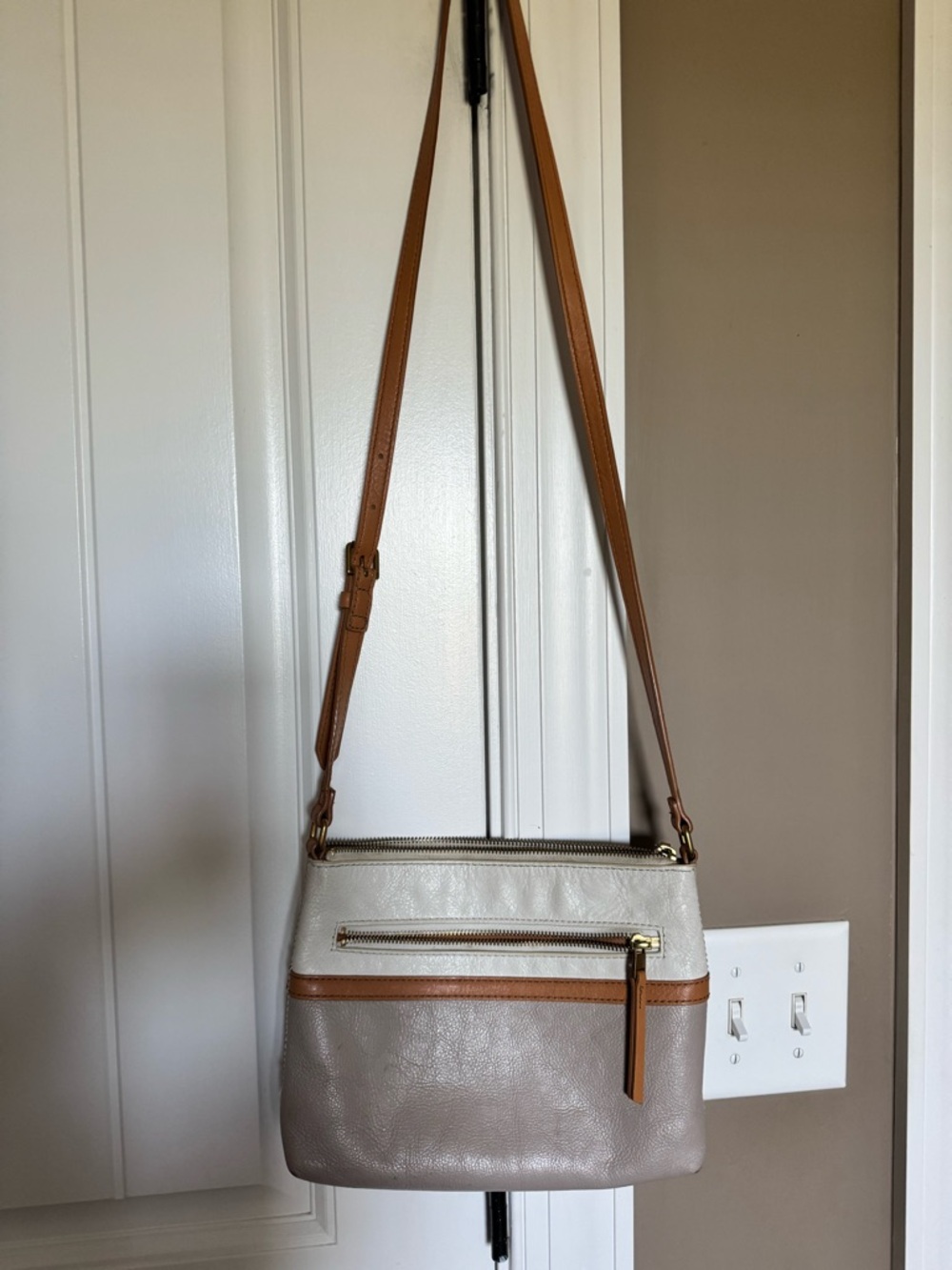Fossil Fiona Two-Tone Cream and Taupe Crossbody with Tan Strap